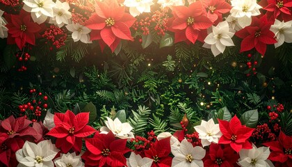 赤いバラと白い紫陽花、そしてグリーンの葉が織りなすエレガントなトップダウン構図。
柔らかな自然光が花びらの陰影を際立たせ、上質で温かみのある雰囲気を演出します。
片側の余白は文字やロゴ配置に最適。
ホリデーシーズンの広告、ギフト、コスメ、ウェディングビジュアルに最適な背景です。