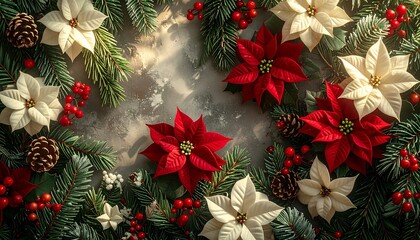 赤いバラと白い紫陽花、そしてグリーンの葉が織りなすエレガントなトップダウン構図。
柔らかな自然光が花びらの陰影を際立たせ、上質で温かみのある雰囲気を演出します。
片側の余白は文字やロゴ配置に最適。
ホリデーシーズンの広告、ギフト、コスメ、ウェディングビジュアルに最適な背景です。