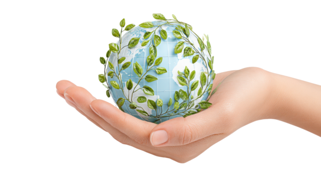 Caring for the Earth: Hand Holding Globe with Green Leaves, White Background