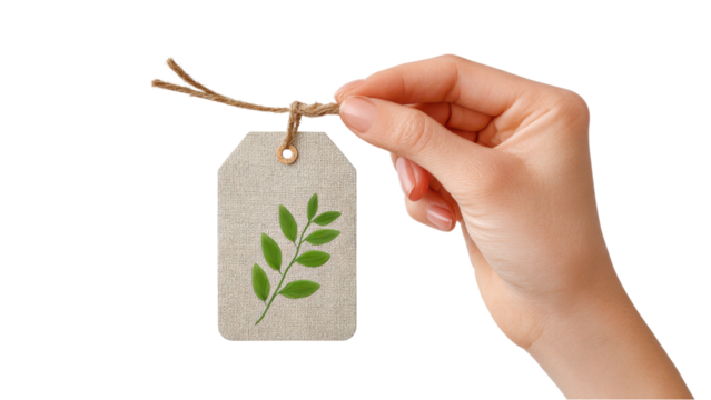Hand Holding Eco-Friendly Gift Tag with Green Leaf Design