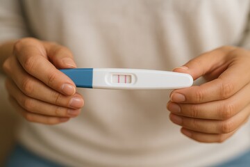 Woman holding a positive pregnancy test, happy news, baby planning, early detection, pregnancy test kit