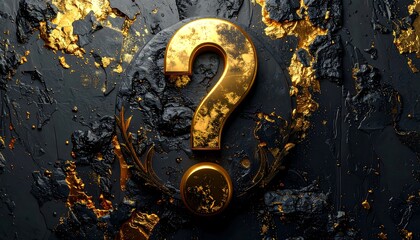 Golden Question Mark on Dark Textured Background with Gold Accents.