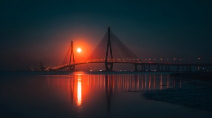 Dramatic modern cable-stayed bridge illuminated against a dark horizon during twilight hours