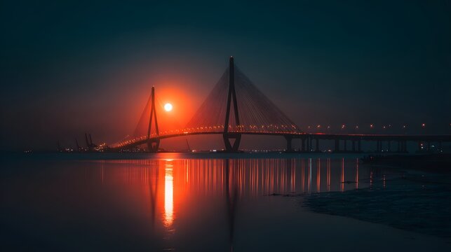 Dramatic modern cable-stayed bridge illuminated against a dark horizon during twilight hours - Powered by Adobe
