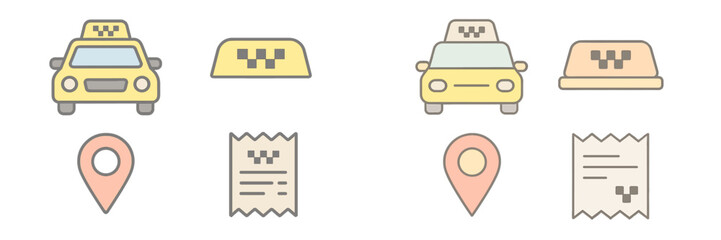 Icons representing taxi services, including vehicles, fare receipts, and location markers