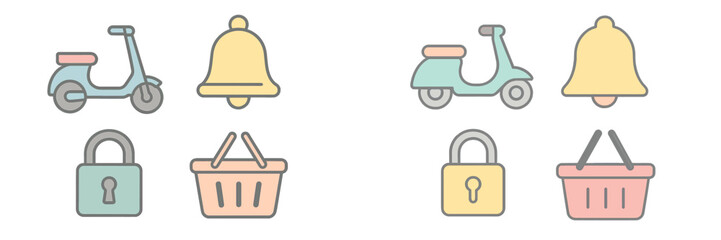 Colorful digital icons representing transport and security symbols in a minimalist design for modern applications and websites