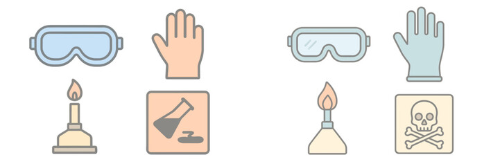 Safety symbols for laboratory work illustrating gloves, goggles, and hazard warnings