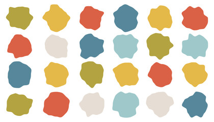 Set of liquid organic shapes, irregular form in vibrant colors. Colorful simple freeform, asymmetric blob. Random deformed abstract figures. Wavy spots or fluid amorphous splodges. Modern uneven blots