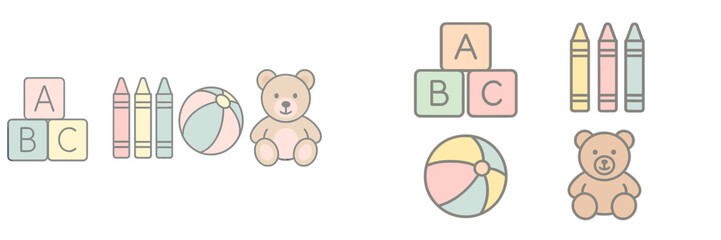 Colorful toys arranged on a light background perfect for a child's playroom