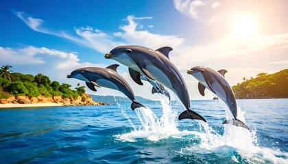 Dolphins leaping in turquoise ocean