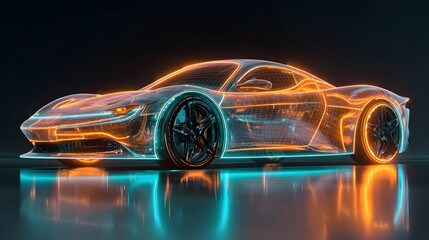 Futuristic sports automobile concept visualized with neon wireframe illumination
