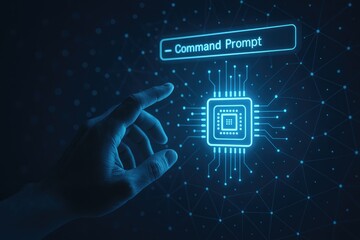 Human hand reaching for a glowing digital chip and command prompt interface in a network, technology, digital, data