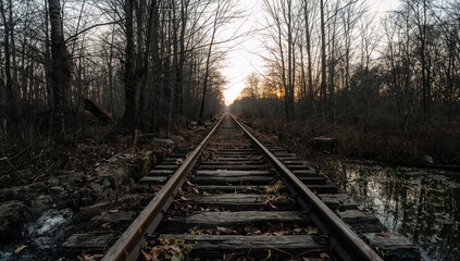 Fototapeta premium Nature reclaims the deserted children's railway, blending serenity and enigma into the scenery.