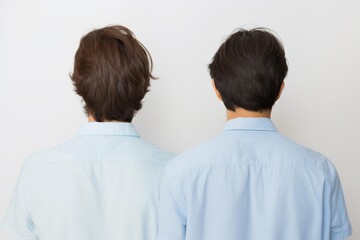Rear view of two businessmen wearing light blue shirts standing side by side against a white background