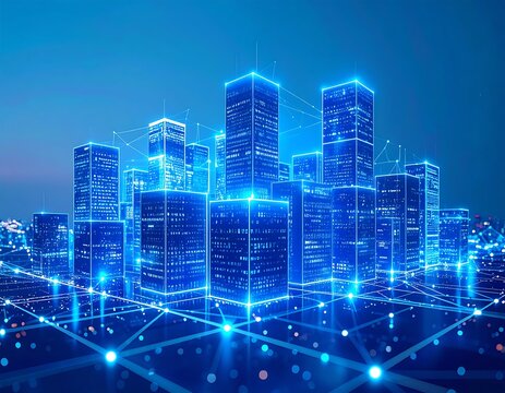 Futuristic city skyline with glowing digital connections - Powered by Adobe