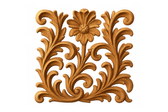 Detailed wood carving ornament with floral motifs, baroque style decorative scrollwork, transparent background
