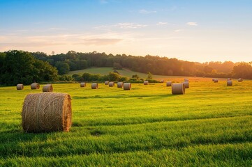 Golden haystacks scattered across a sunlit rural field, nature's warm embrace, vibrant scenery, bright and cheerful atmosphere