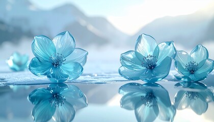 ブルーとティールのクリスタルフラワーが、氷の鏡面の上でオーロラの光を浴びて静かに輝きます。
淡い緑と青の光が花弁を照らし、繊細な反射が幻想的な空気を生み出します。
夜明け前の静寂と透明感が漂うシーン。
ブランド広告や冬のラグジュアリーデザインに最適な背景素材です。