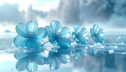 ブルーとティールのクリスタルフラワーが、氷の鏡面の上でオーロラの光を浴びて静かに輝きます。
淡い緑と青の光が花弁を照らし、繊細な反射が幻想的な空気を生み出します。
夜明け前の静寂と透明感が漂うシーン。
ブランド広告や冬のラグジュアリーデザインに最適な背景素材です。