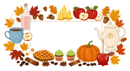 Abundant autumn border with cozy mugs, "CIDER" bottle, candles, cinnamon rolls, red apples, apple pie, green cupcakes, pumpkin, white teapot, and colorful leaves on white, vector art, warm harvest