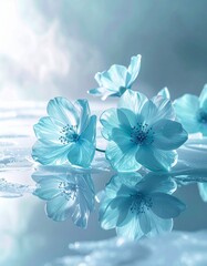 ブルーとティールのクリスタルフラワーが、氷の鏡面の上でオーロラの光を浴びて静かに輝きます。
淡い緑と青の光が花弁を照らし、繊細な反射が幻想的な空気を生み出します。
夜明け前の静寂と透明感が漂うシーン。
ブランド広告や冬のラグジュアリーデザインに最適な背景素材です。