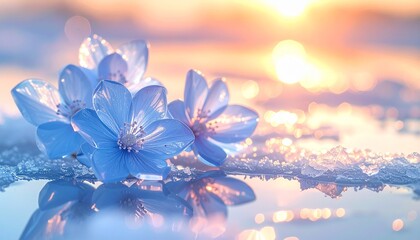 透明と淡いブルーのガラスの花が、凍った鏡面の上に並び静かに光を放ちます。
氷面には花の姿が完璧に映り込み、冷たい自然光が幻想的な輝きを添えます。
背景には淡い霧と光の粒が漂い、静寂と透明感を演出。ブランド広告や高級感あるデザイン背景として最適です。