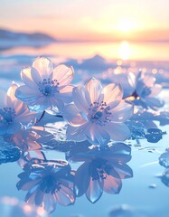 透明と淡いブルーのガラスの花が、凍った鏡面の上に並び静かに光を放ちます。
氷面には花の姿が完璧に映り込み、冷たい自然光が幻想的な輝きを添えます。
背景には淡い霧と光の粒が漂い、静寂と透明感を演出。ブランド広告や高級感あるデザイン背景として最適です。