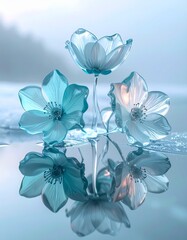 ブルーとティールのクリスタルフラワーが、氷の鏡面の上でオーロラの光を浴びて静かに輝きます。
淡い緑と青の光が花弁を照らし、繊細な反射が幻想的な空気を生み出します。
夜明け前の静寂と透明感が漂うシーン。
ブランド広告や冬のラグジュアリーデザインに最適な背景素材です。