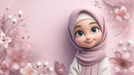 Young Muslim Girl in Pink Hijab Surrounded by Flowers, Charming Expression, Innocence Captured in Portrait