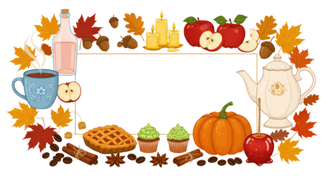 Abundant autumn border with cozy mugs, "CIDER" bottle, candles, cinnamon rolls, red apples, apple pie, green cupcakes, pumpkin, white teapot, and colorful leaves on white, vector art, warm harvest