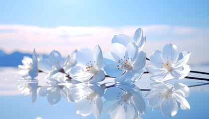 G透明なクリスタルの花びらが氷の鏡面上に散り、空と氷の間に浮かぶように見える構図。
柔らかな白い光と繊細な霜のアクセントが、純粋で上質な印象を演出します。
無限に続く反射が静けさと深みを生み出すラグジュアリーなイメージ。
ブランド広告や冬の高級デザイン背景に最適なフォトリアル素材です。