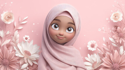 Charming Young Muslim Girl Smiling Surrounded by Beautiful Floral Decorations in Soft Color Palette
