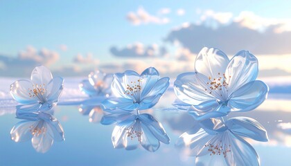 透明で淡いブルーのガラスフラワーが、鏡面の氷上に並ぶ幻想的なシーン。
光を受けて柔らかく輝く花が、静寂と透明感を強調します。
ミストや微細な輝きが漂い、ハイブランドや冬のキャンペーンに最適。
フォトリアルで高解像度のデザイン向け背景素材です。