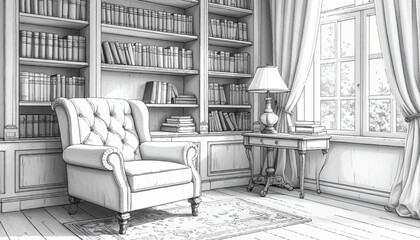 Classic Reading Room Sketch with Armchair and Bookshelves