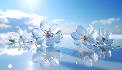 G透明なクリスタルの花びらが氷の鏡面上に散り、空と氷の間に浮かぶように見える構図。
柔らかな白い光と繊細な霜のアクセントが、純粋で上質な印象を演出します。
無限に続く反射が静けさと深みを生み出すラグジュアリーなイメージ。
ブランド広告や冬の高級デザイン背景に最適なフォトリアル素材です。