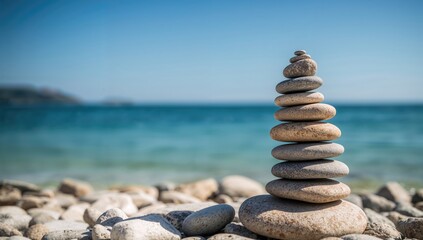 Naklejka na ściany i meble Stacked stones on an old shore, motivational sunny scenery.