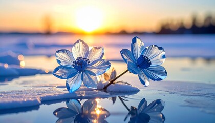 氷と空の間に浮かぶ透明なクリスタル花弁の幻想的な構図　透き通るガラスの花びらが氷上に映り込む静寂の世界
