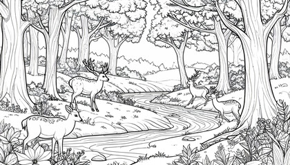 Tranquil Forest Scene with Deer by Stream – Hand-Drawn Wildlife Illustration