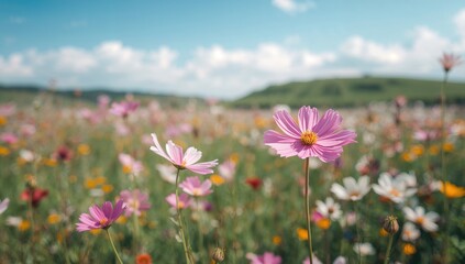 Obraz premium Blurred Vibrant Cosmos Blossoms Amidst Natural Surroundings