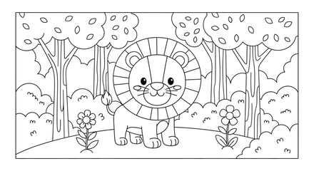 Cute Lion Line Art in Forest for Kids Coloring Page