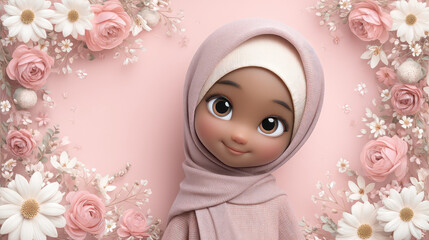 Young Muslim Girl Portrait with Soft Pink Background Surrounded by Flowers and Delicate Details