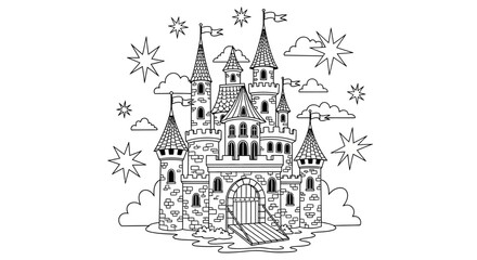 Fairy Tale Castle Line Art with Stars on White Background