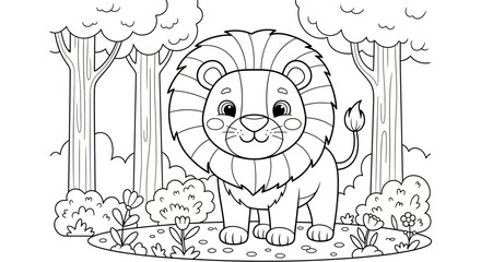 Cute Lion Line Art in Forest for Kids Coloring Page