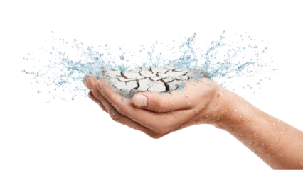 Parched Earth in Hand: Drought Concept with Splashing Water