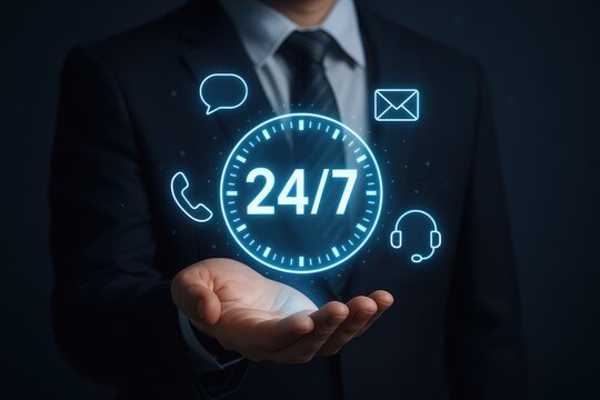 Customer support availability icons with a businessman's hand holding them, 24/7 support, customer service, communication channels, dedicated support