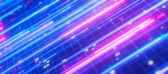 Bigdata light speed planar flow. Abstract digital data stream of quantum computing. Cyberspace of qubit trails. Modern tech information transmission.