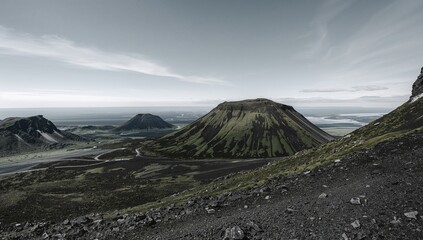 Scenic terrain surrounding a volcanic crater in a northern region
