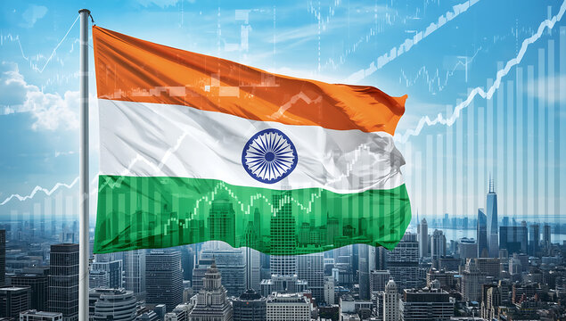 Indian flag waving against a cityscape backdrop with financial charts, symbolizing indias economic growth and national identity