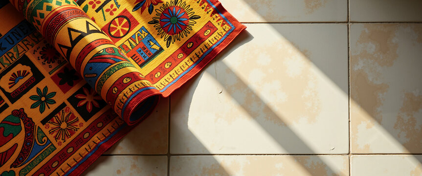 Vibrant Kwanzaa banner with seven principles displayed on floor tiles  