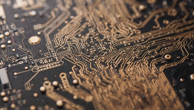 Close-up view of a black and gold electronic circuit